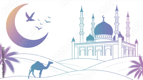 Islamic landscape with mosque, crescent moon, camel, birds, palm trees, desert dunes, and sunset gradient, middle east