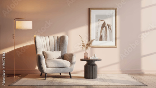 Elegant armchair, artwork, and floor lamp in a stylish room with soft lighting, living room