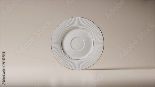 Minimalist white ceramic plate with textured rim, isolated on neutral background, studio shot, food presentation concept