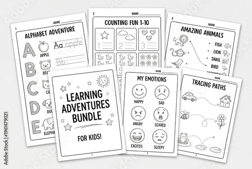 large educational bundle for kids, multiple worksheets including alphabet, numbers, animals, emotions, tracing and matching activities, pencil sketch style, black and white, clean organized layout, wh