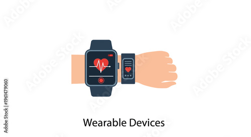 Wearable smart devices for health and fitness tracking displayed on wrist, emphasizing modern technology and personal wellness