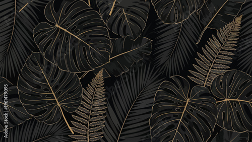 Luxury Tropical Leaf Pattern Black Gold Seamless Background for Design Projects