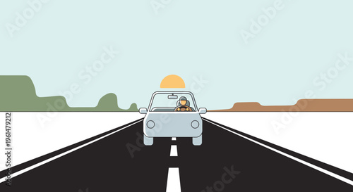 Car driving down a straight road.