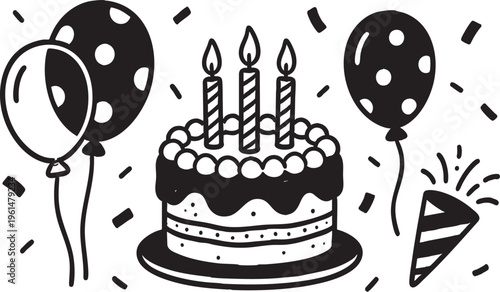 Birthday Cake and Balloons Doodle Vector Illustration Isolated on Transparent