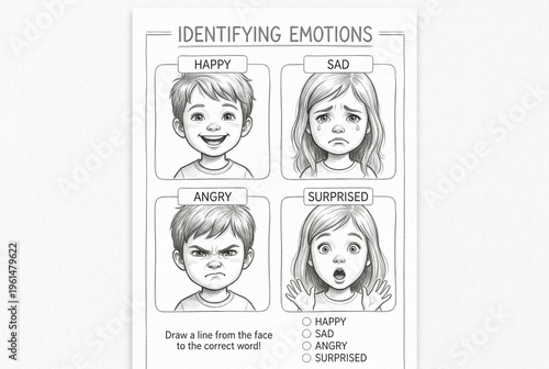 A clean layout educational worksheet featuring simple pencil sketches of children's faces expressing happiness, sadness, anger, and surprise. White background, clear lines, designed for learning emoti