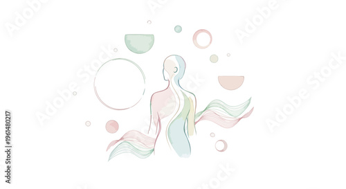 Abstract minimalist illustration of a peaceful human figure with flowing lines and soft pastel geometric shapes, embodying inner harmony and holistic wellness