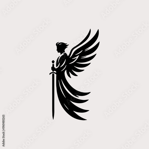 Black and white archangel silhouette with sword and wings tattoo
