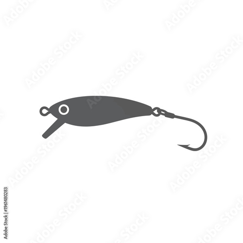 Minimalist fishing lure icon, a sleek graphic illustration featuring a bait and sharp hook, ideal for fishing hobby designs, tackle shop branding, and outdoor sports emblems