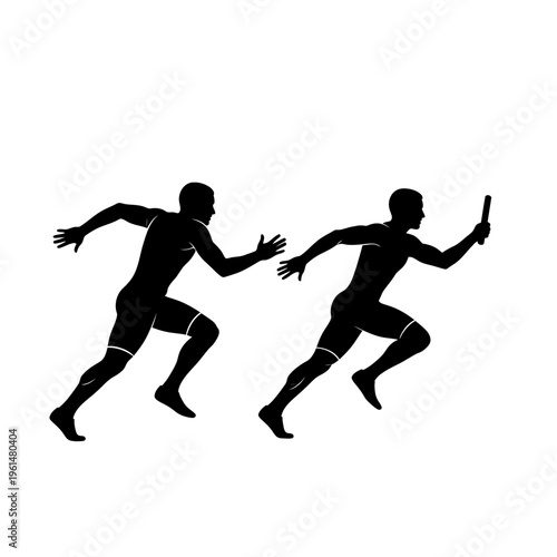 Silhouette of two runners in motion, one passing a baton in a relay race during a track and field event