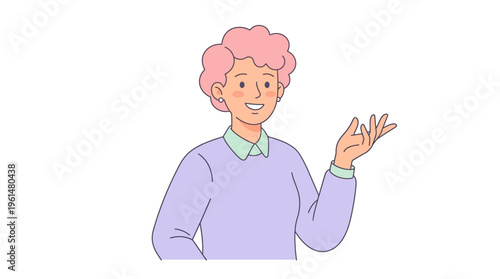 A friendly and positive young person with vibrant pink curly hair smiles and gestures openly, engaging in pleasant conversation or explaining something with enthusiasm