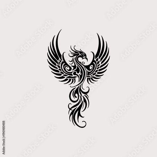 Black tribal phoenix bird flying with wings spread tattoo design