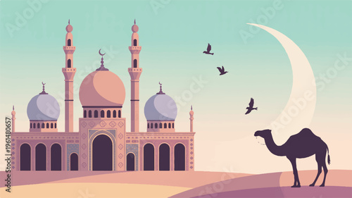 Desert landscape with a camel silhouetted against a large crescent moon and a stylized mosque in the background with middle east