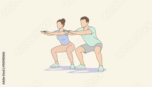 Couple performing a squat exercise together for fitness and health