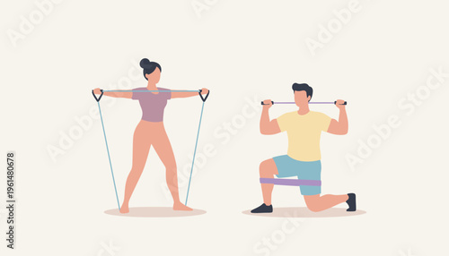 Young couple performing exercises with resistance bands for a healthy lifestyle