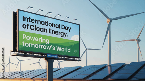 Billboard promoting international day of clean energy with wind turbines and solar panels with renewable energy
