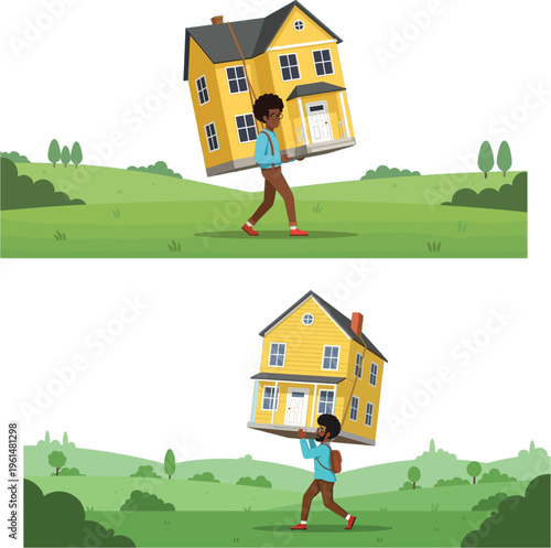 Vector illustration of a man carrying a house on his back symbolizing mortgage burden relocation and home ownership
