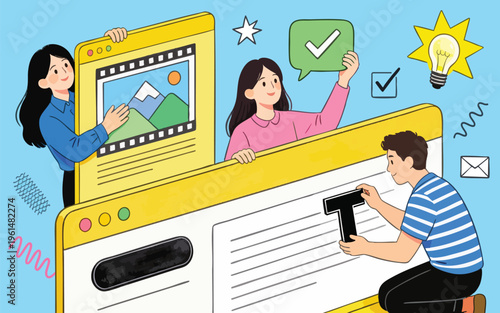 Collaborative Digital Content Creation and Web Design Teamwork Flat Illustration