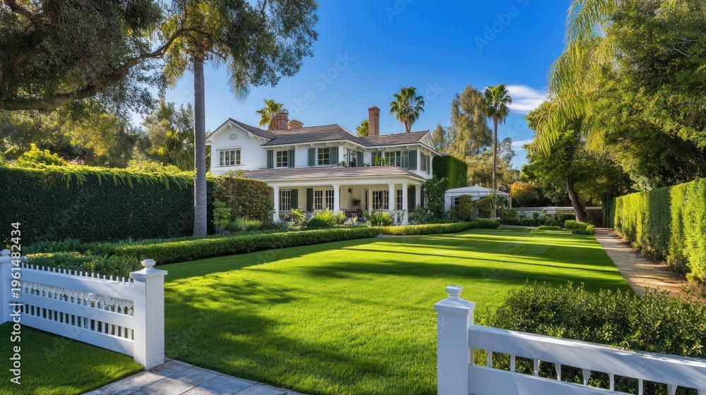 Fototapeta premium Elegant white house, manicured lawn, and hedges in a sunny California garden