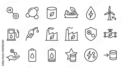 Green hydrogen and ammonia web icons in line style. H2 storage, clean fuel molecules, and carbon-free shipping collection. Ultra-minimalist symbols for energy transition platforms, hydrogen-tech dashb
