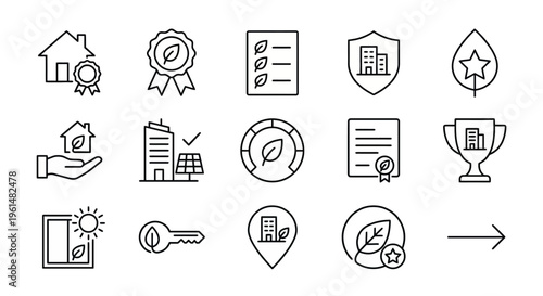 Net Zero building certification and LEED web icons in line style. Green building seals, efficiency ratings, and official sustainability standards collection. Ultra-minimalist symbols for architecture 