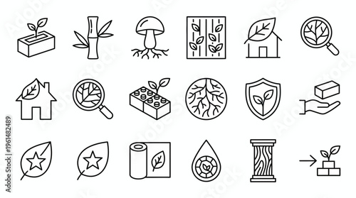 Bioarchitecture and living materials web icons in line style. Mycelium, bamboo, and sustainable construction collection. Ultra-minimalist symbols for green building apps, eco-architecture portfolios, 
