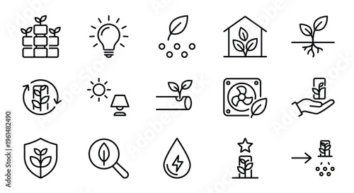 Vertical farming and aeroponics web icons in line style. Indoor agriculture, hydroponics, and grow-tech collection. Ultra-minimalist symbols for agritech apps, smart farming dashboards, and sustainabl