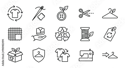 Circular fashion and upcycling web icons in line style. Second-hand clothing, textile repair, and sustainable fashion collection. Ultra-minimalist symbols for eco-fashion apps, thrift store platforms,