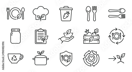 Zero waste restaurant and sustainable gastronomy web icons in line style. Local food sourcing, eco-friendly dining, and kitchen composting collection. Ultra-minimalist symbols for restaurant apps, sus