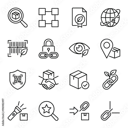 Supply chain traceability and transparency web icons in line style. Blockchain for sustainability, origin tracking, and ethical sourcing collection. Ultra-minimalist symbols for logistics platforms, t