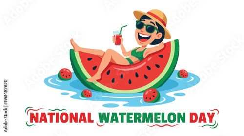 Celebrate National Watermelon Day with a refreshing splash! A joyful woman enjoys a slice of summer's favorite fruit, surrounded by water and more delicious watermelons