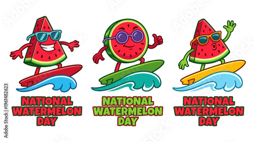 Vibrant cartoon watermelons wearing sunglasses, happily riding surfboards on colorful ocean waves, a cheerful and refreshing summer fruit illustration perfect for joyful events and promotions