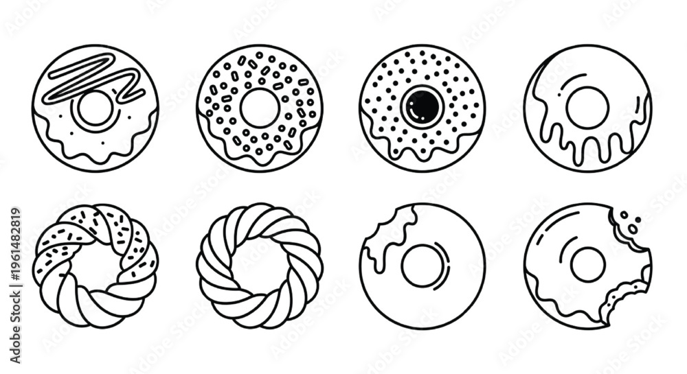 Fototapeta premium Donut Line Icon Set Outline Doughnut Pastry Collection Minimal Bakery Vector