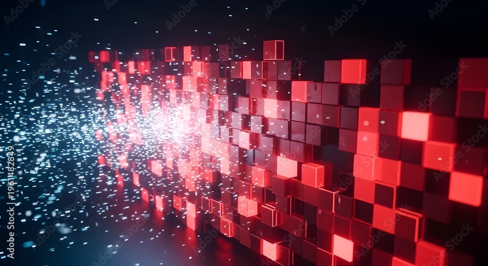 Obraz premium Abstract 3D digital firewall protection with glowing red blocks and blue light particles representing data defense