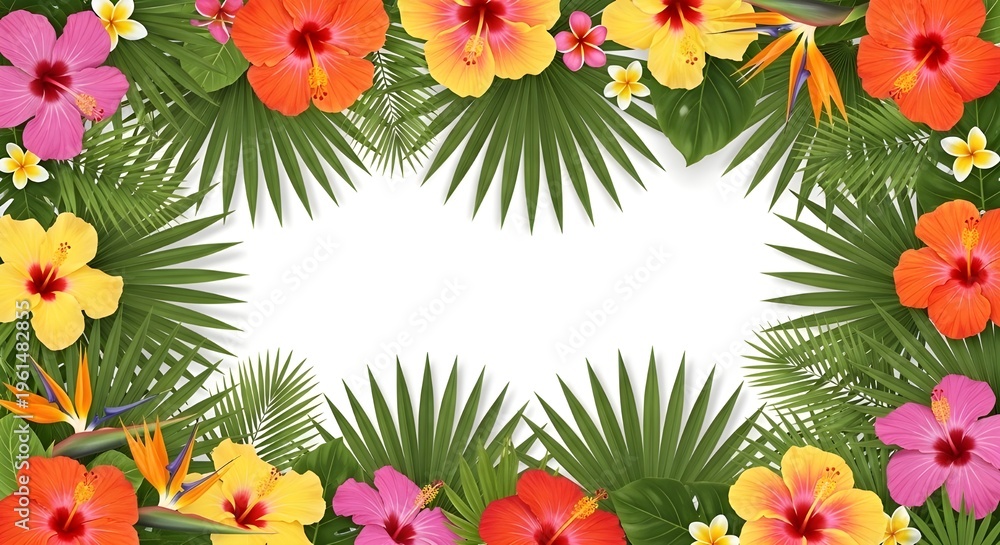 Fototapeta premium Lush tropical border of colorful hibiscus, frangipani, and bird of paradise flowers with green palm leaves and copy space.
