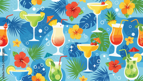 Tropical Cocktail Party Pattern - Summer Drinks & Beach Vibes Vector Background