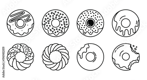 Donut Line Icon Set Outline Doughnut Pastry Collection Minimal Bakery Vector