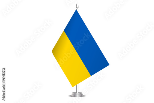 Ukraine flag - wavy stick flag of country, cultural identity and heritage. Represents national pride and unity. Vector table flag hanged on the short hoist. Isolated on white background