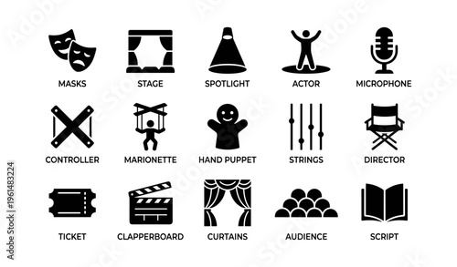 Theater icons collection: masks, stage, spotlight, and more