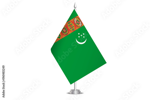 Turkmenistan flag - wavy stick flag of country, cultural identity and heritage. Represents national pride and unity. Vector table flag hanged on the short hoist. Isolated on white background