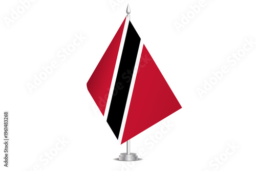 Trinidad and Tobago flag - wavy stick flag of country, cultural identity and heritage. Represents national pride and unity. Vector table flag hanged on the short hoist. Isolated on white background