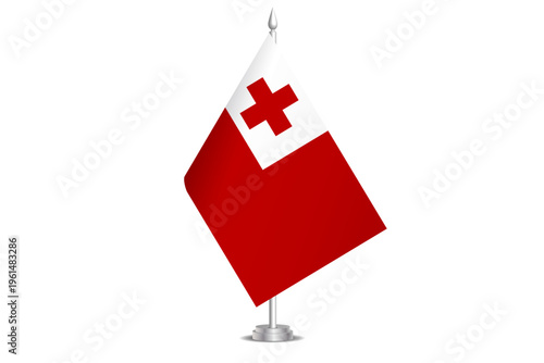Tonga flag - wavy stick flag of country, cultural identity and heritage. Represents national pride and unity. Vector table flag hanged on the short hoist. Isolated on white background