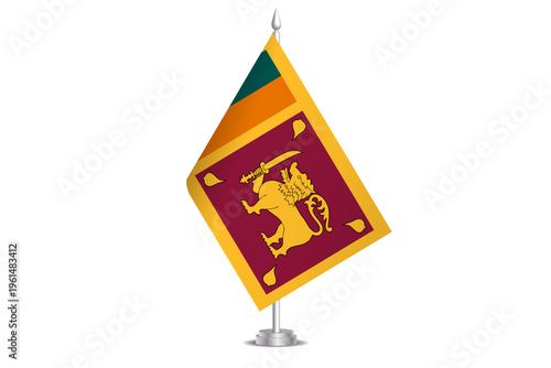Sri Lanka flag - wavy stick flag of country, cultural identity and heritage. Represents national pride and unity. Vector table flag hanged on the short hoist. Isolated on white background