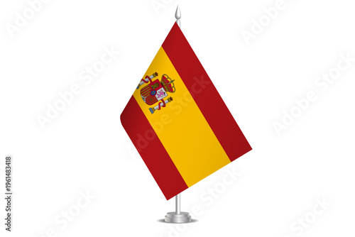 Spain flag - wavy stick flag of country, cultural identity and heritage. Represents national pride and unity. Vector table flag hanged on the short hoist. Isolated on white background