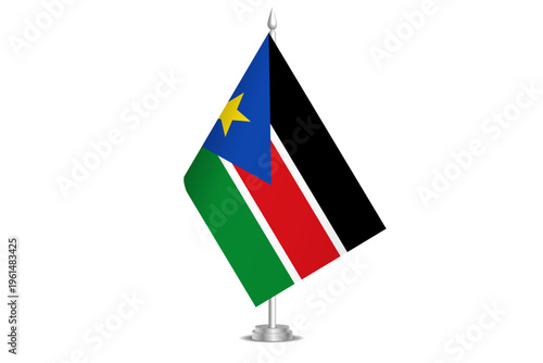 South Sudan flag - wavy stick flag of country, cultural identity and heritage. Represents national pride and unity. Vector table flag hanged on the short hoist. Isolated on white background