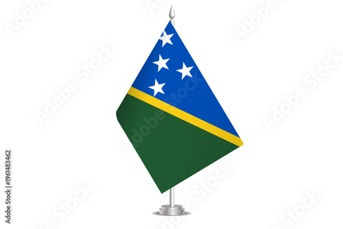 Solomon Islands flag - wavy stick flag of country, cultural identity and heritage. Represents national pride and unity. Vector table flag hanged on the short hoist. Isolated on white background