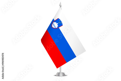 Slovenia flag - wavy stick flag of country, cultural identity and heritage. Represents national pride and unity. Vector table flag hanged on the short hoist. Isolated on white background