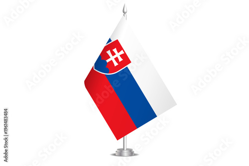 Slovakia flag - wavy stick flag of country, cultural identity and heritage. Represents national pride and unity. Vector table flag hanged on the short hoist. Isolated on white background