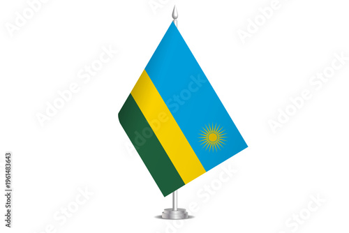Rwanda flag - wavy stick flag of country, cultural identity and heritage. Represents national pride and unity. Vector table flag hanged on the short hoist. Isolated on white background