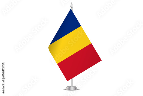 Romania flag - wavy stick flag of country, cultural identity and heritage. Represents national pride and unity. Vector table flag hanged on the short hoist. Isolated on white background