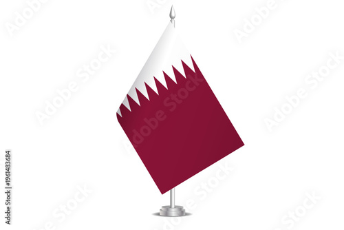 Qatar flag - wavy stick flag of country, cultural identity and heritage. Represents national pride and unity. Vector table flag hanged on the short hoist. Isolated on white background